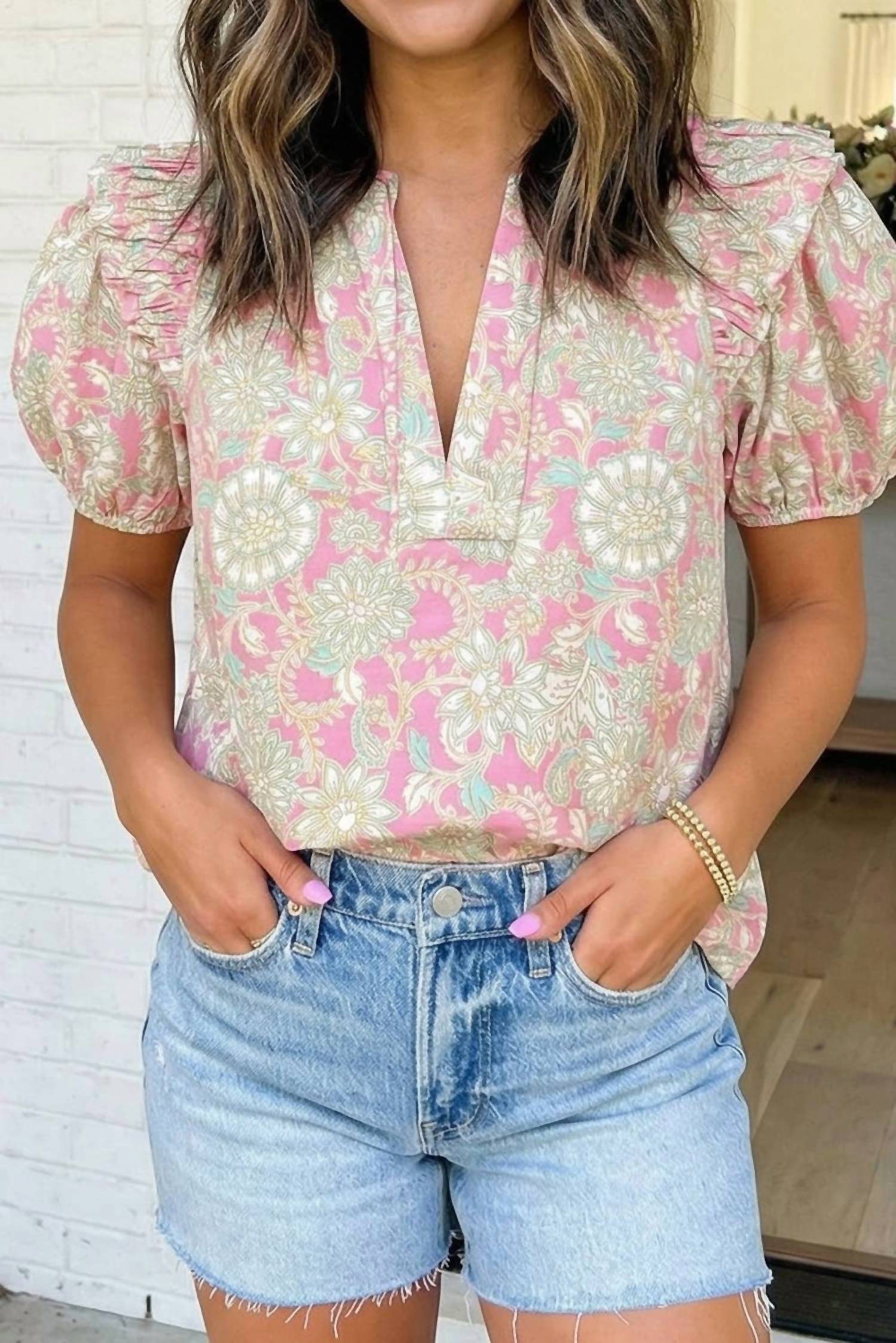 La Society - Floral Short Puff Sleeve Blouse