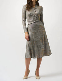 Joseph Ribkoff Foiled Faux Wrap Fit And Flare Dress in beige multi - women's dress