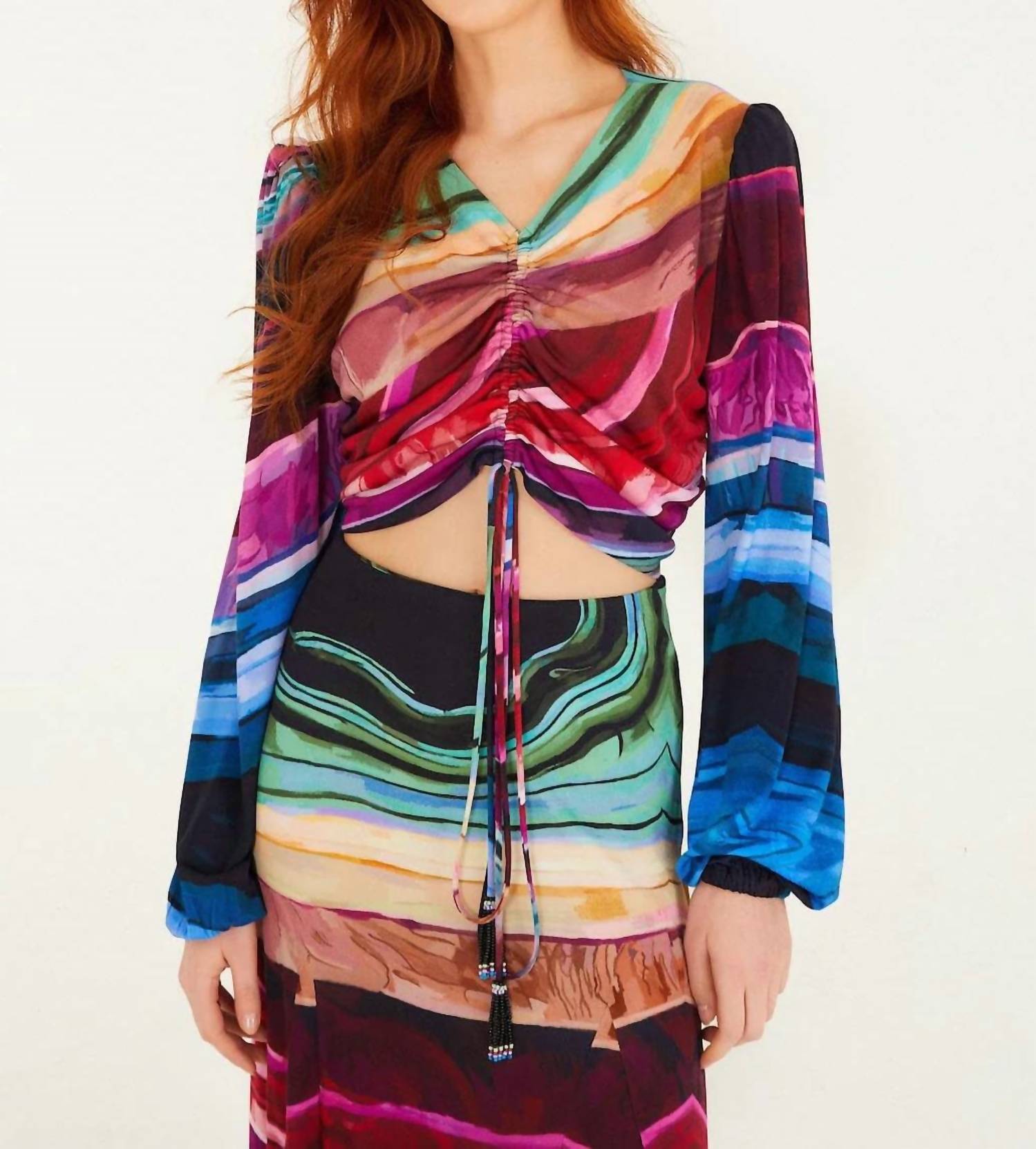 FARM RIO Precious Gems Long Sleeve Top in multicolor - women's long sleeve top - detail view