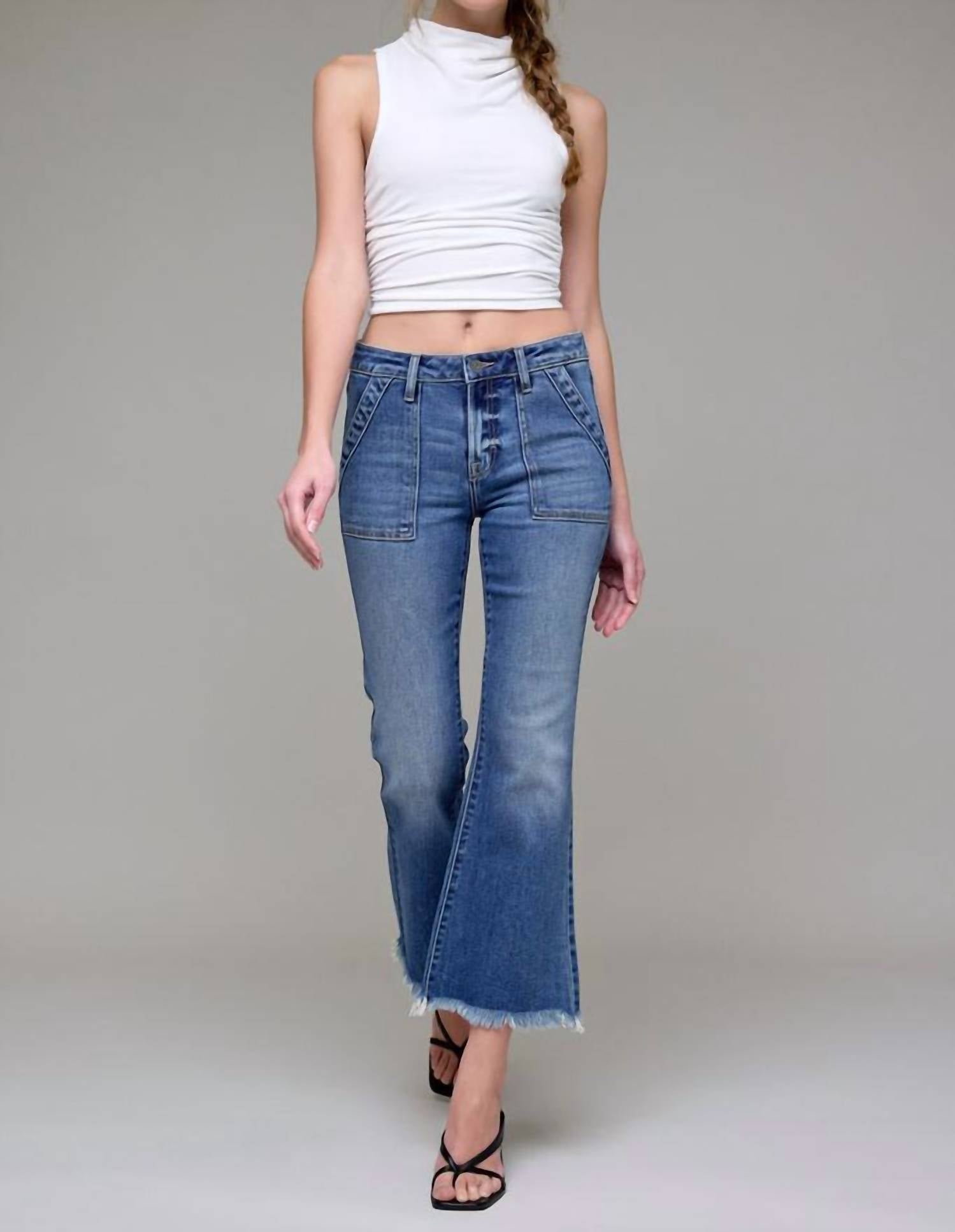Hidden - Frayed Hem Cargo Crop Flare Jean