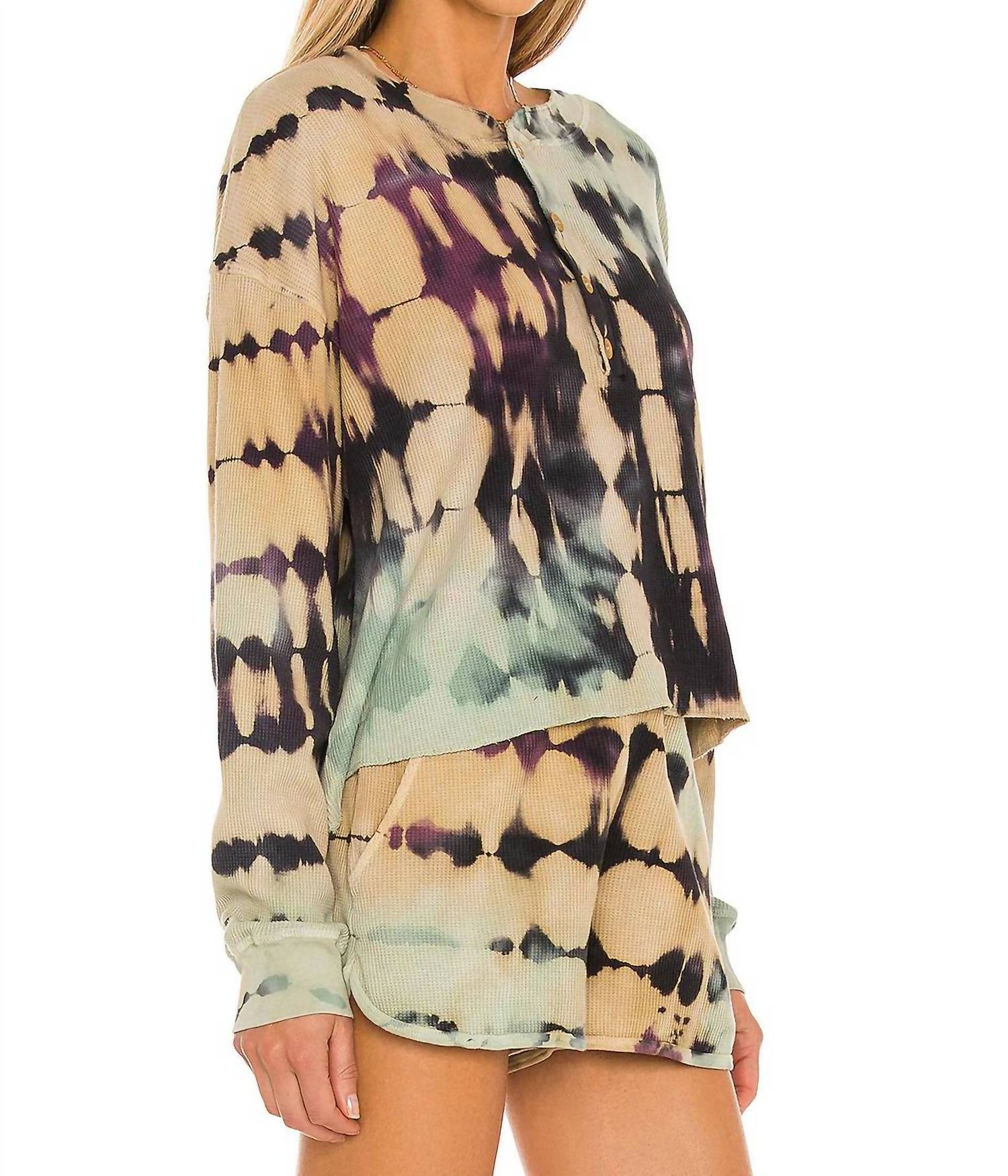 DAYDREAMER Thermal Henley Tee in tie dye - women's long sleeve top - detail view