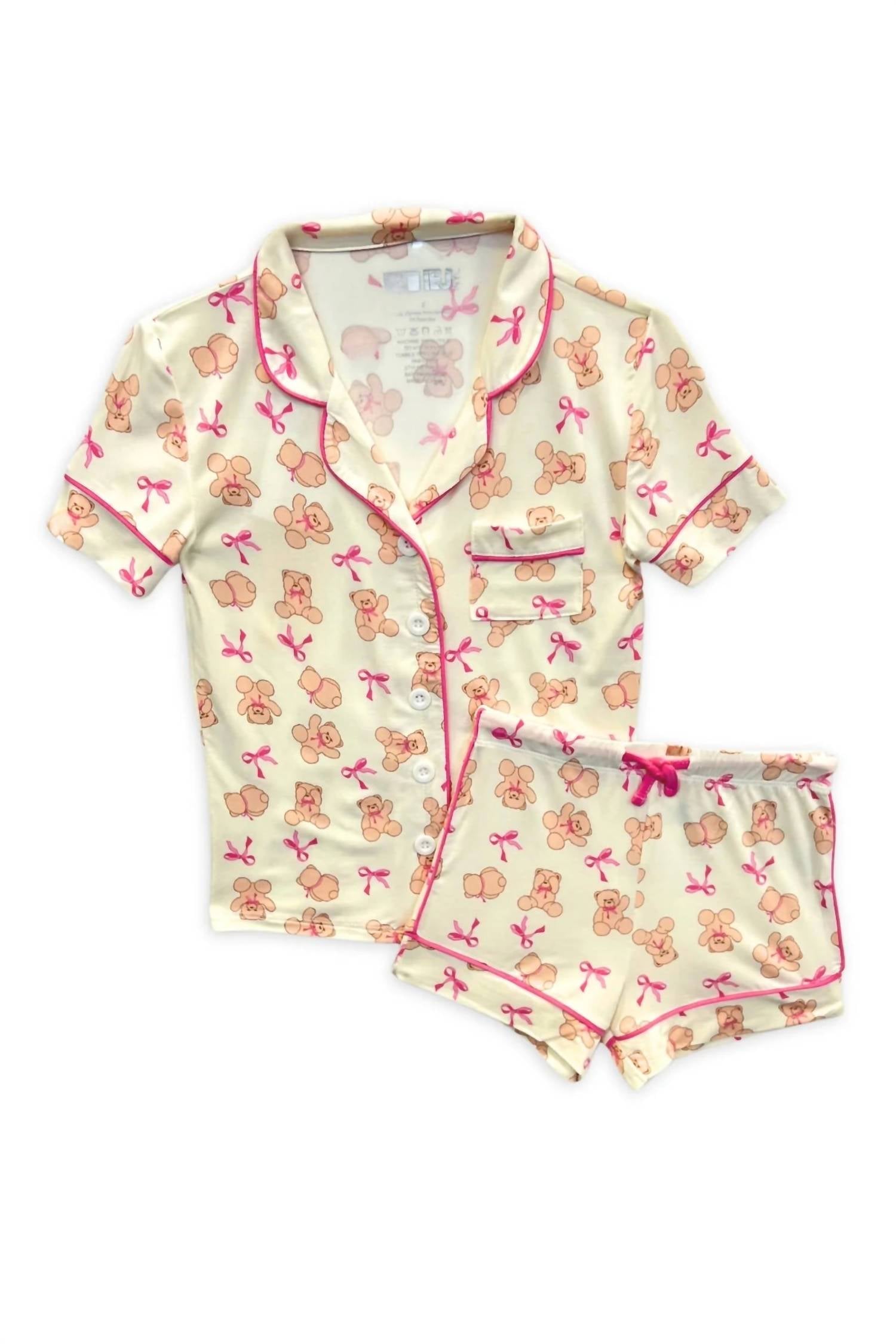 Katie J NYC Girl's Lynn Shorts Lounge Pajama Set in teddy bears - kids' sleepwear