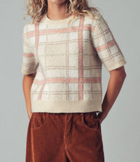 Urban Daizy Plaid Short Sleeve Knit Sweater Top in ivory - women's sweater - alternate view