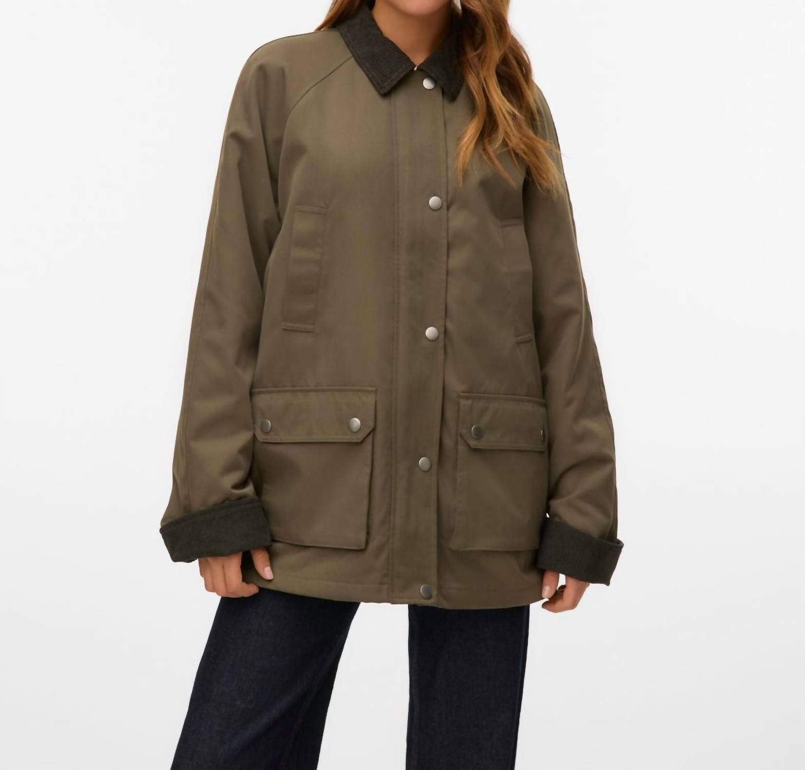 VERO MODA CORDUROY DETAIL BARN JACKET in olive - women's jacket