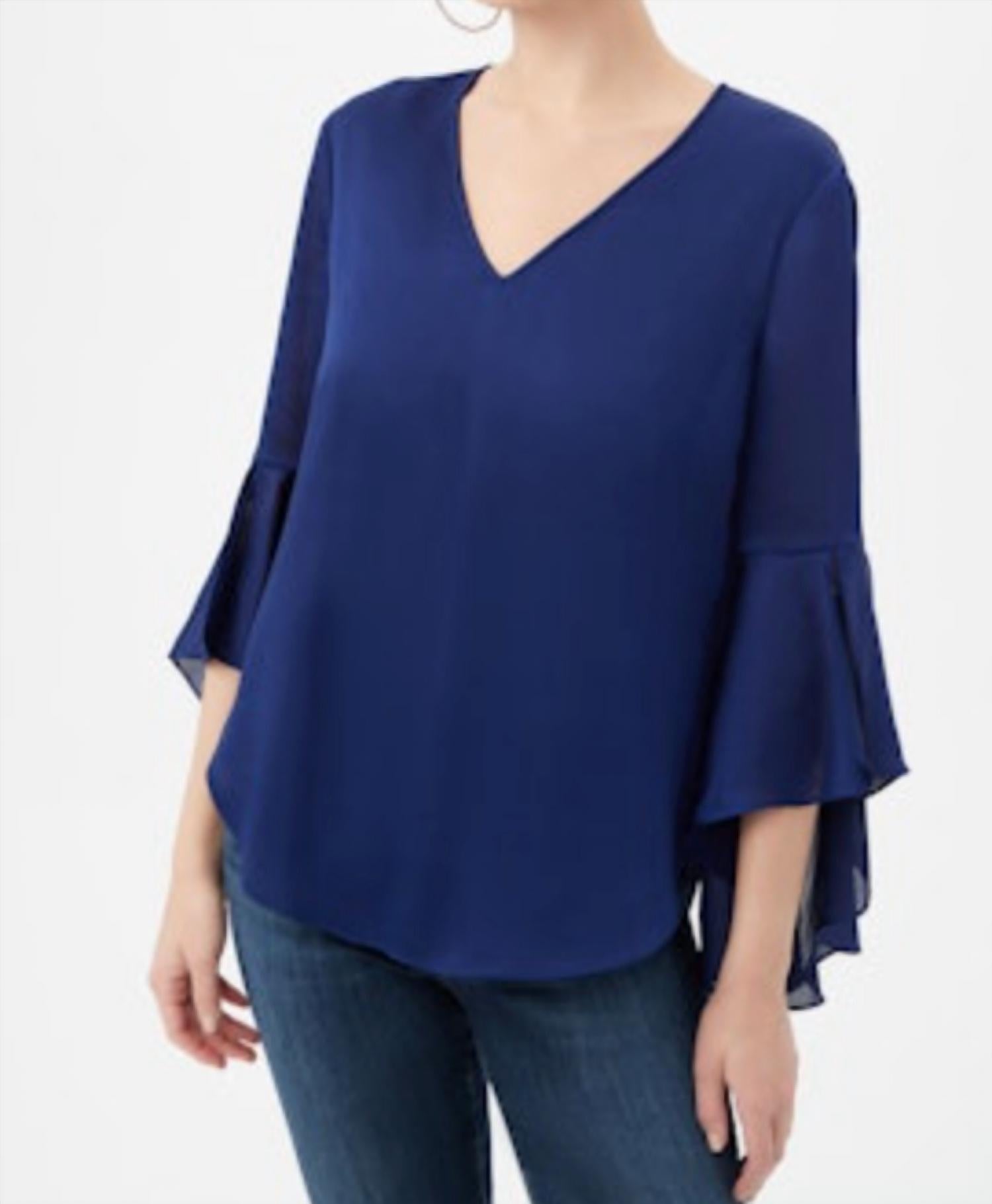 Trina Turk Yuki Split Bell Sleeves Top in blue - women's blouse - detail view