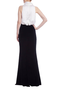 Badgley Mischka - Women's Contrast Column Satin Shirt Velvet Skirt Subtle Bodice Gown