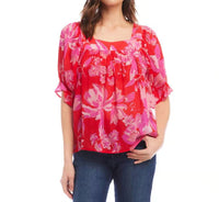 Karen Kane Fia Floral Print Square Neck Top in pink and red - women's blouse