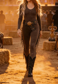 Lucky & Blessed - Western Fringe Mineral Wash Flare Jumpsuit
