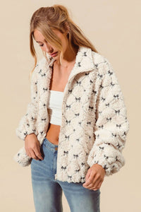 So Me - Ribbon Embroidered Fleece Zip Up Front Jacket
