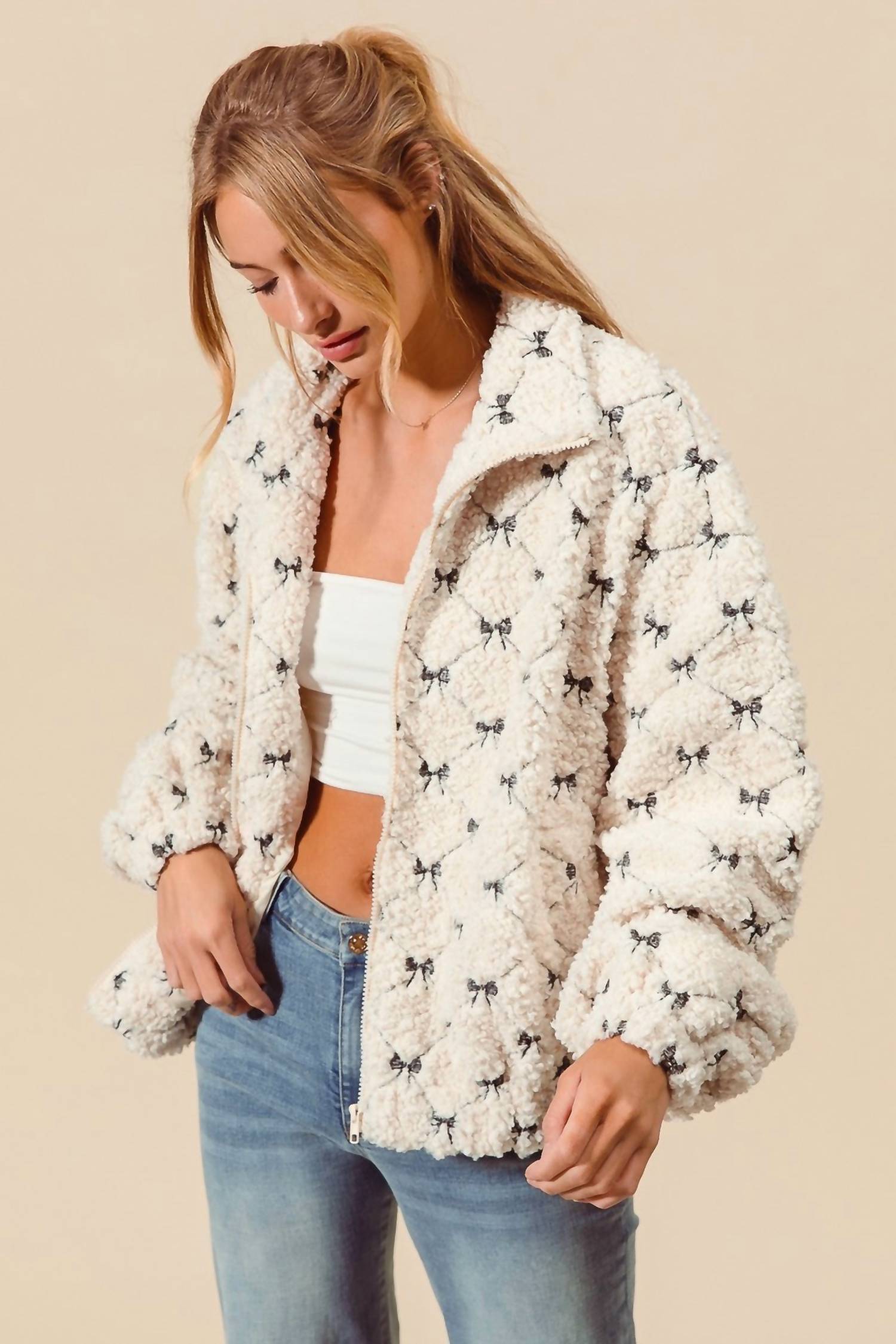 So Me - Ribbon Embroidered Fleece Zip Up Front Jacket