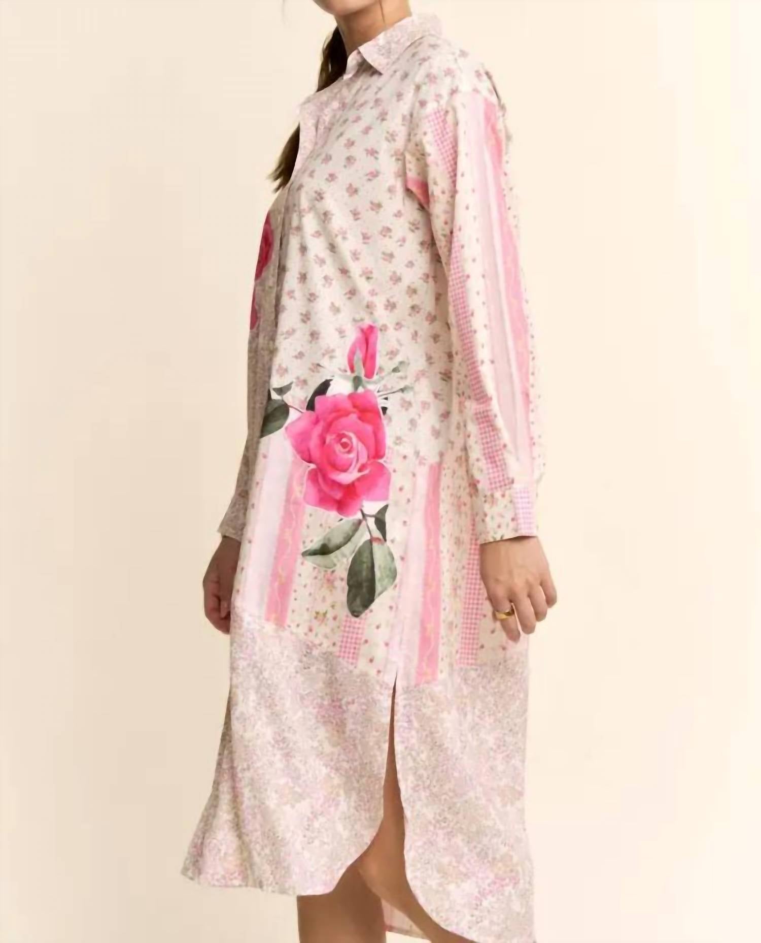 Davi & Dani - Women's Printed Flower Patched Maxi Duster Shirt Top