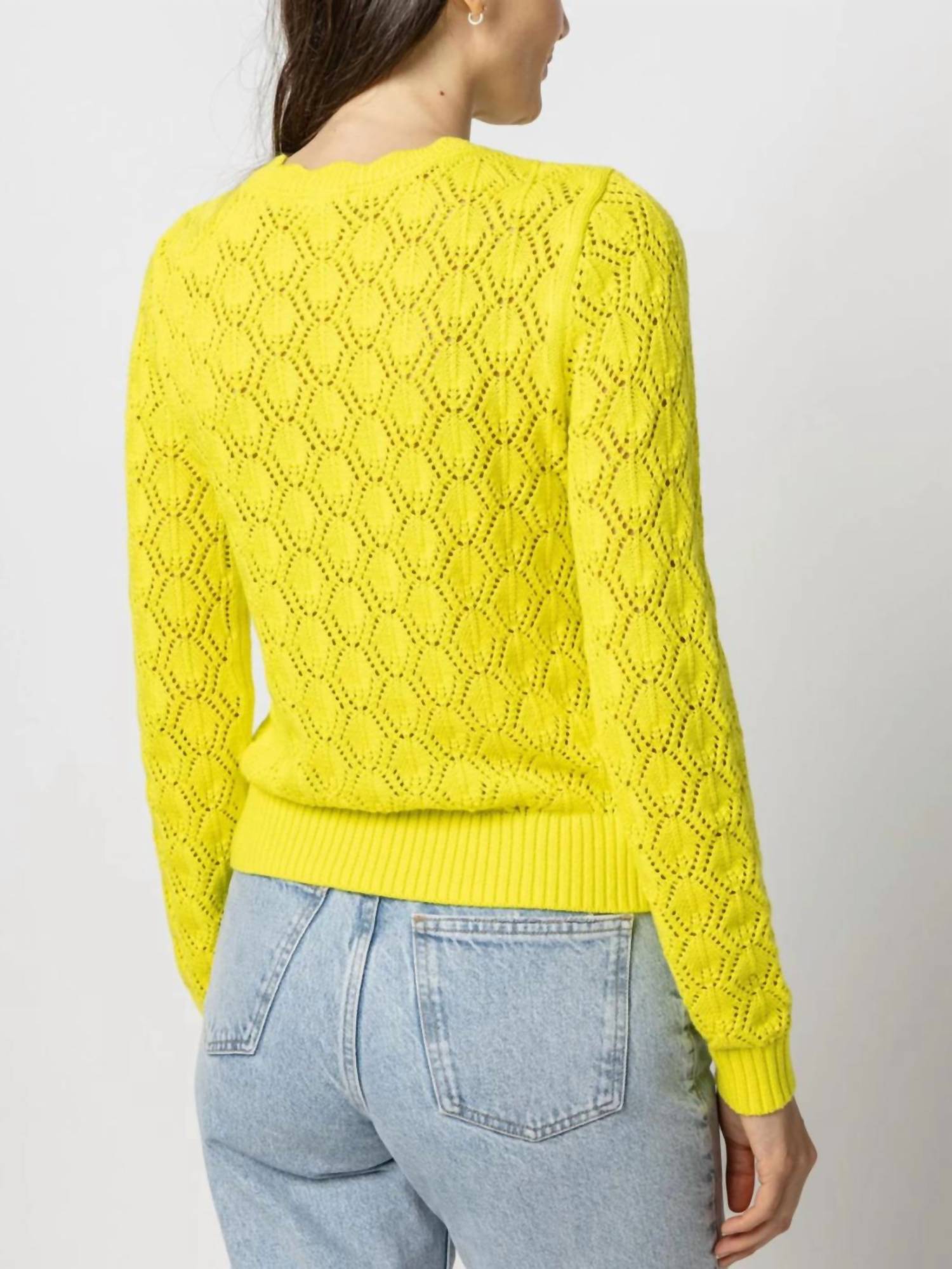 Lilla P Pointelle Stitch Crewneck Sweater in lemon lime - women's sweater - detail view