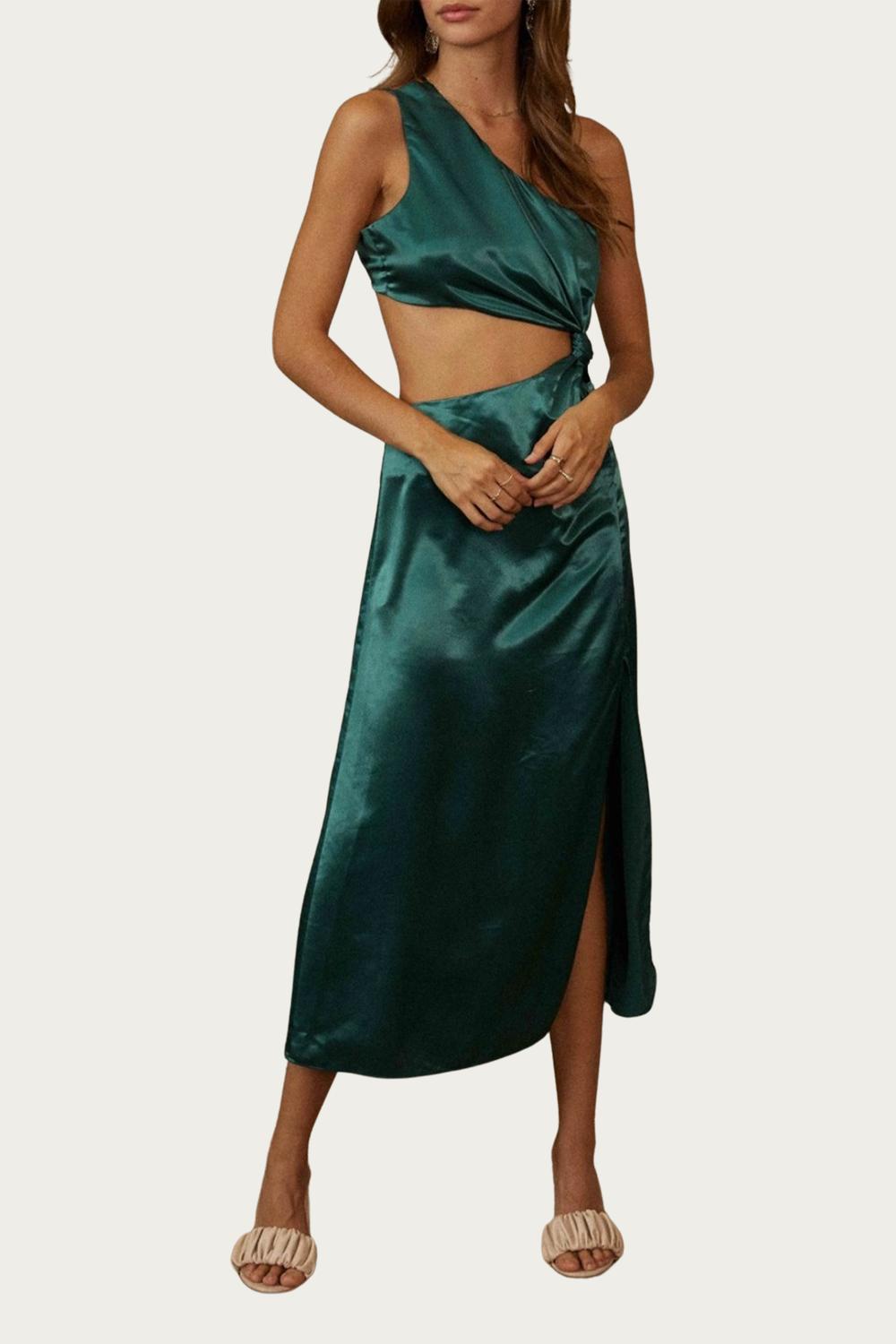 ONE-SHOULDER SATIN CUTOUT MIDI DRESS