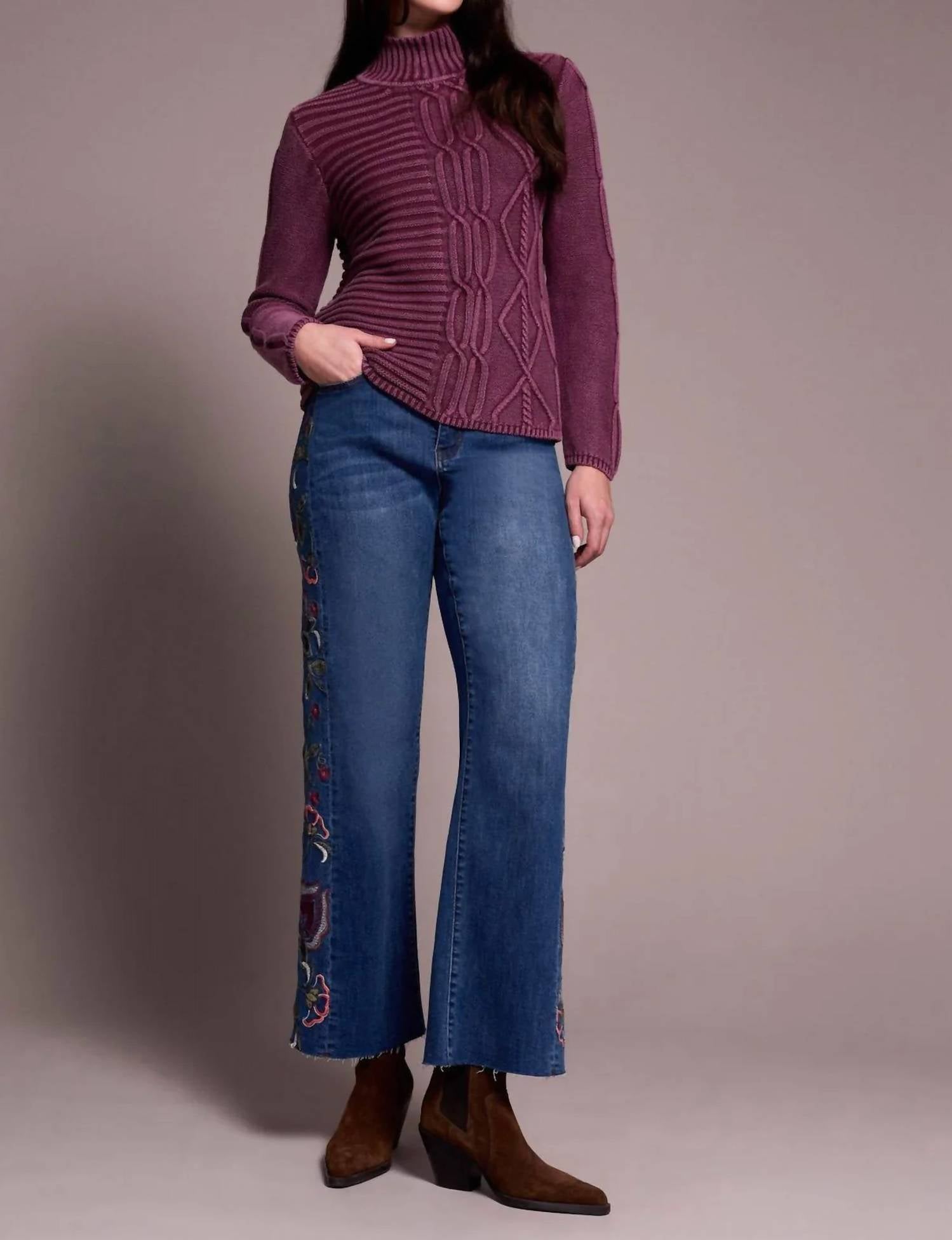 TRIBAL Acid Wash Mock Neck Sweater in passion plum - women's sweater