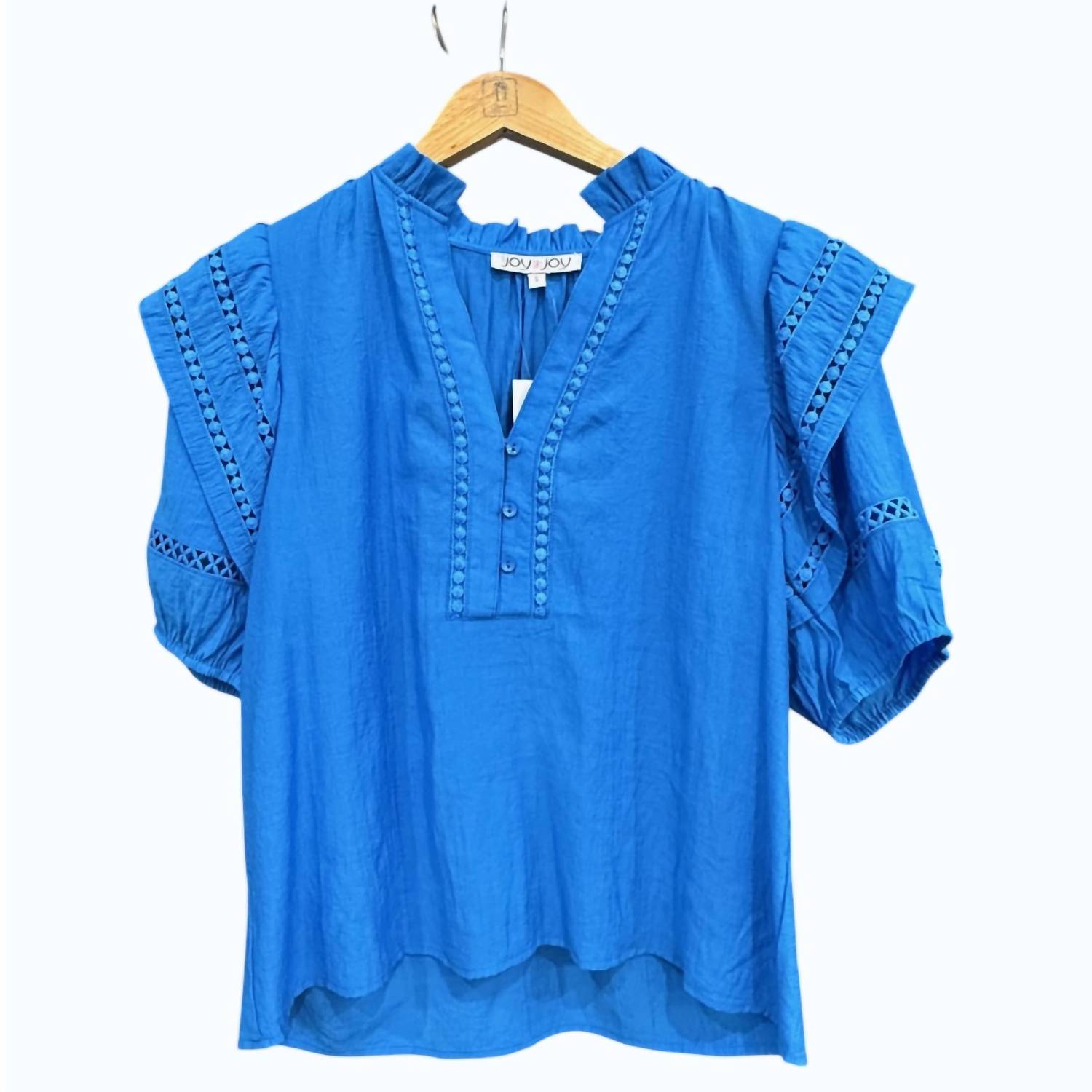 Joy Joy Women's Lace Trim Ruffles Top in blue - women's blouse