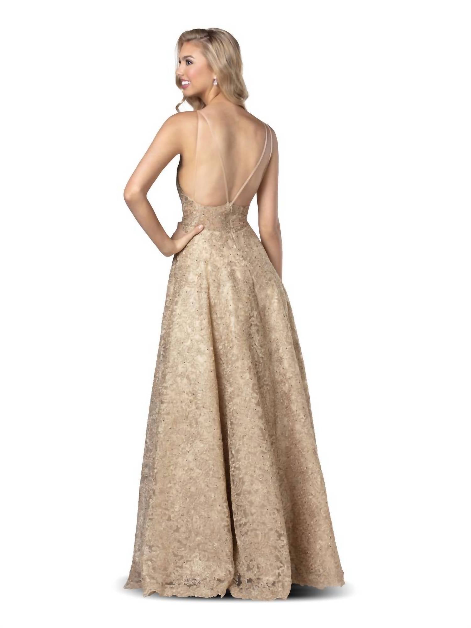 Blush Prom - Metallic Lace Scoopneck Gown