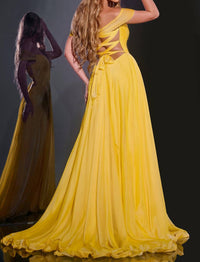 JOVANI Off The Shoulder Gown With Cut-out Lace Up Back in yellow - women's dress - detail view