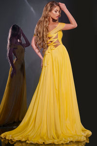 JOVANI Off The Shoulder Gown With Cut-out Lace Up Back in yellow - women's dress - alternate view
