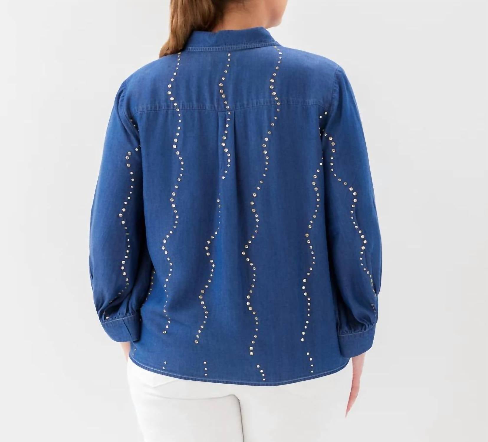 Karen Kane - Blouson Sleeve Gemstone Denim Shirt - Plus