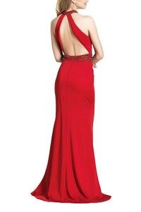 Dave & Johnny - Embellished Halter Neck Slit Cutout Back Satin Dress