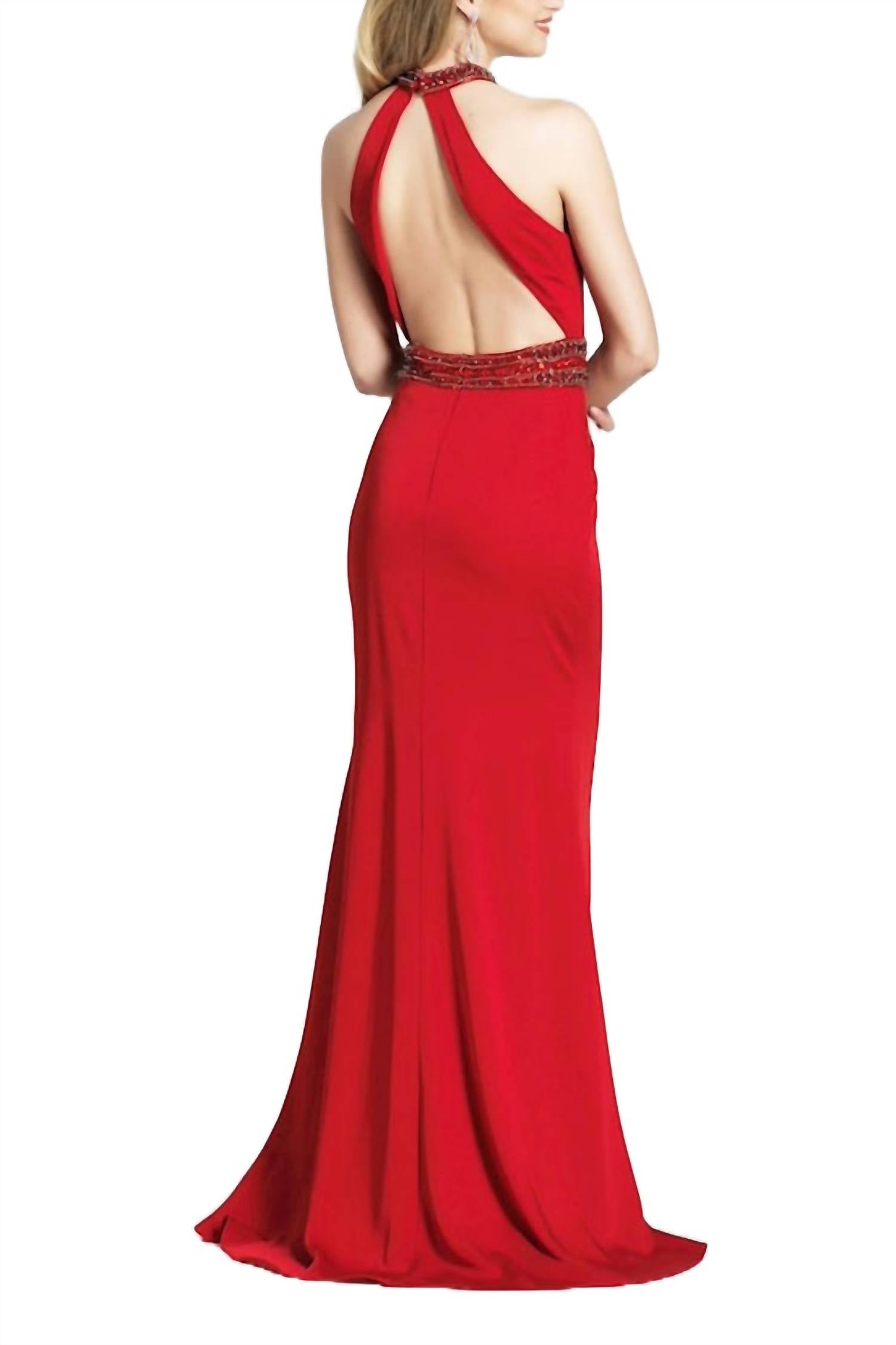 Dave & Johnny - Embellished Halter Neck Slit Cutout Back Satin Dress