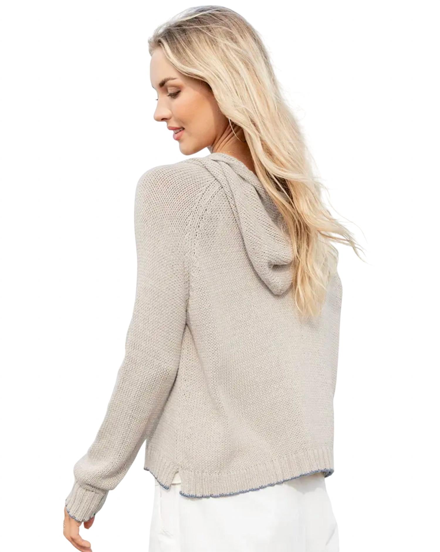 Wooden Ships Tipped Zip Long Sleeve Hoodie in khaki breaker white - women's top - alternate view