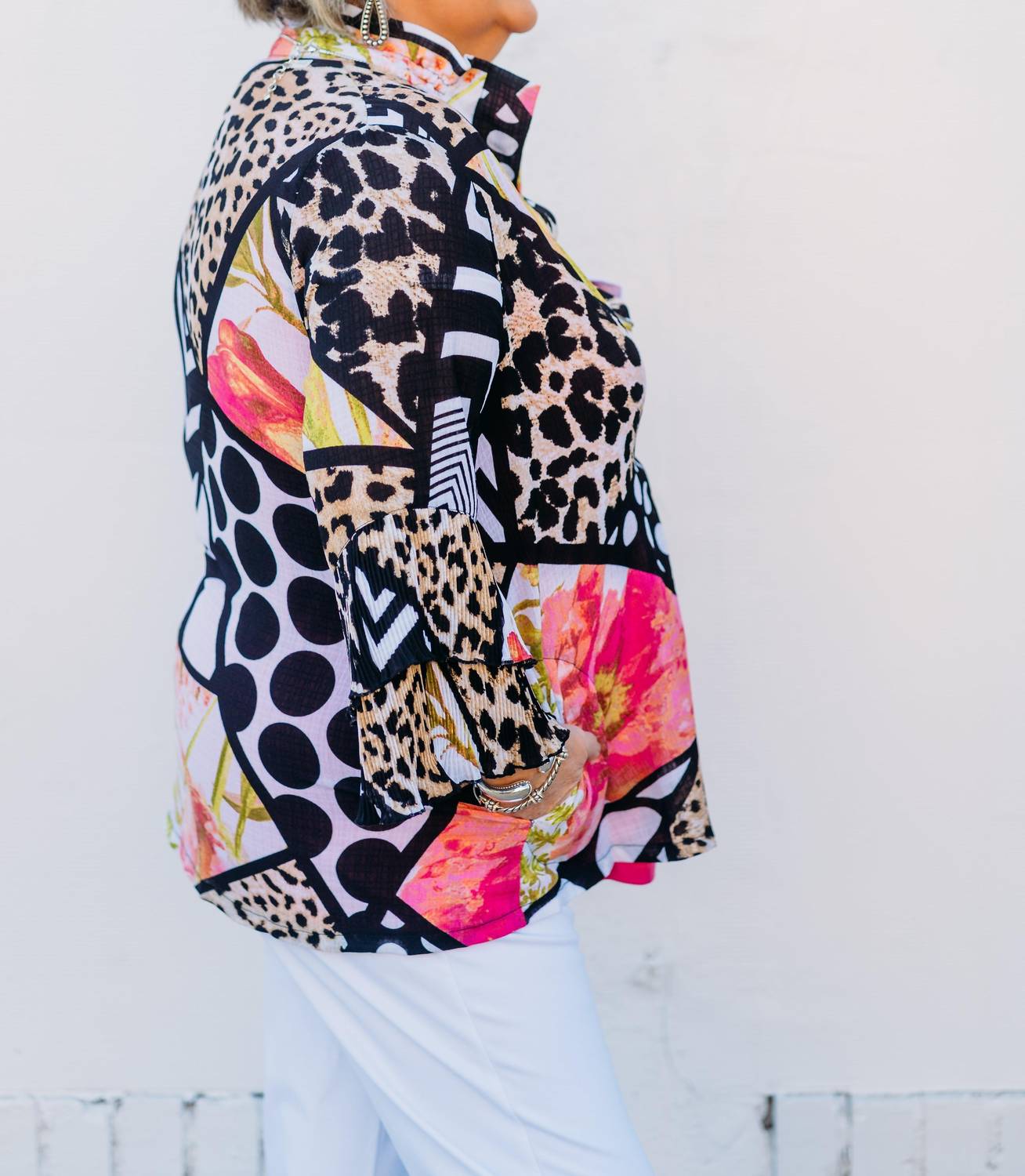 Multiples - Dbl Peated Flounce 3/4 Sleeve Button Top