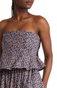Nackiye - Women's Floral Ditsy Pintuck Peplum Strapless Midi Dress