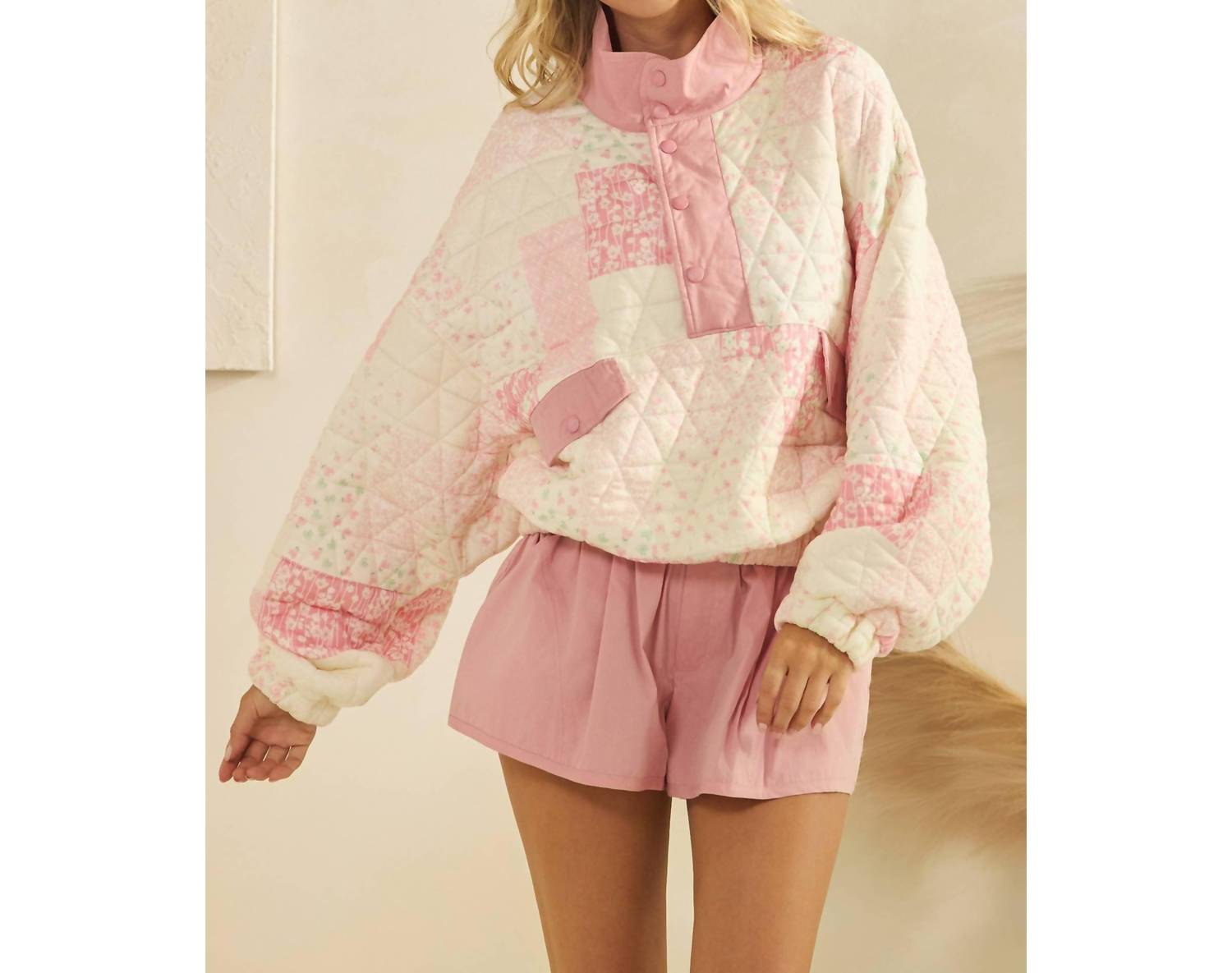 Veveret Textured Contrast Printed Quarter Zip Sweater in pink combo - women's cardigan