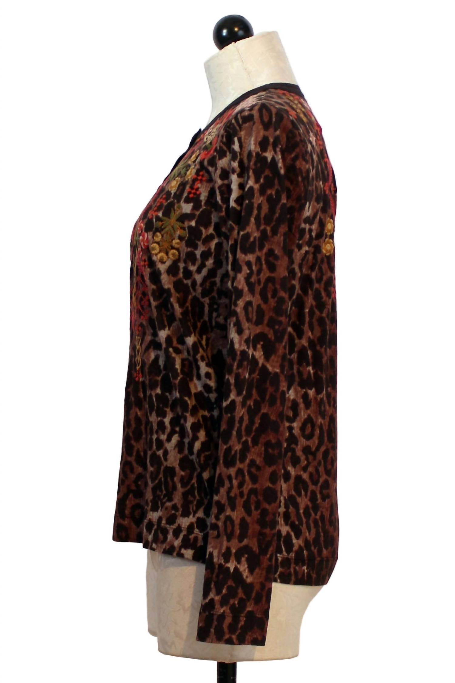 Johnny Was Women's Mixed Media Henley Shirt in brown - women's long sleeve top - alternate view