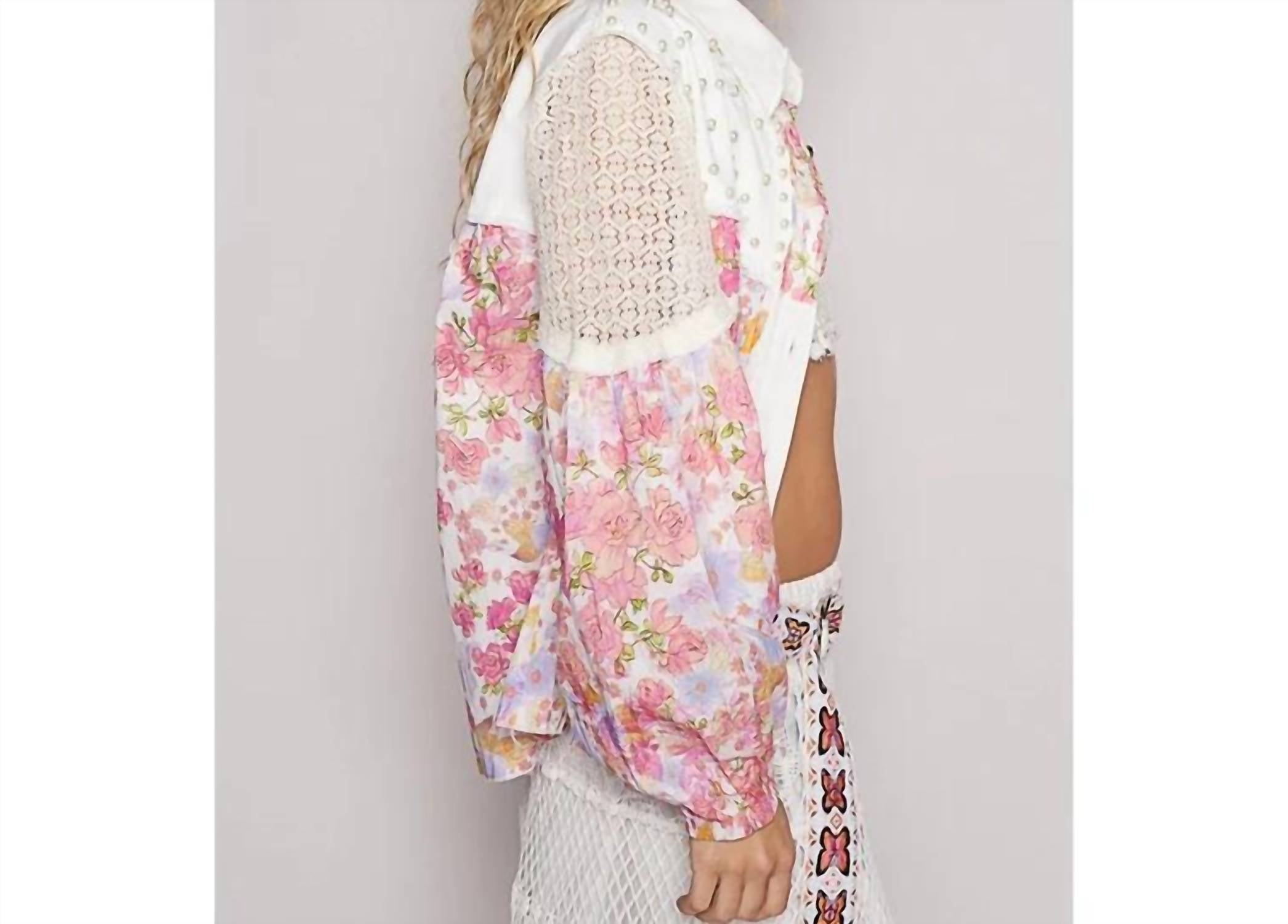 Pol - Vintage Washed Floral Crochet Contrast Shirt