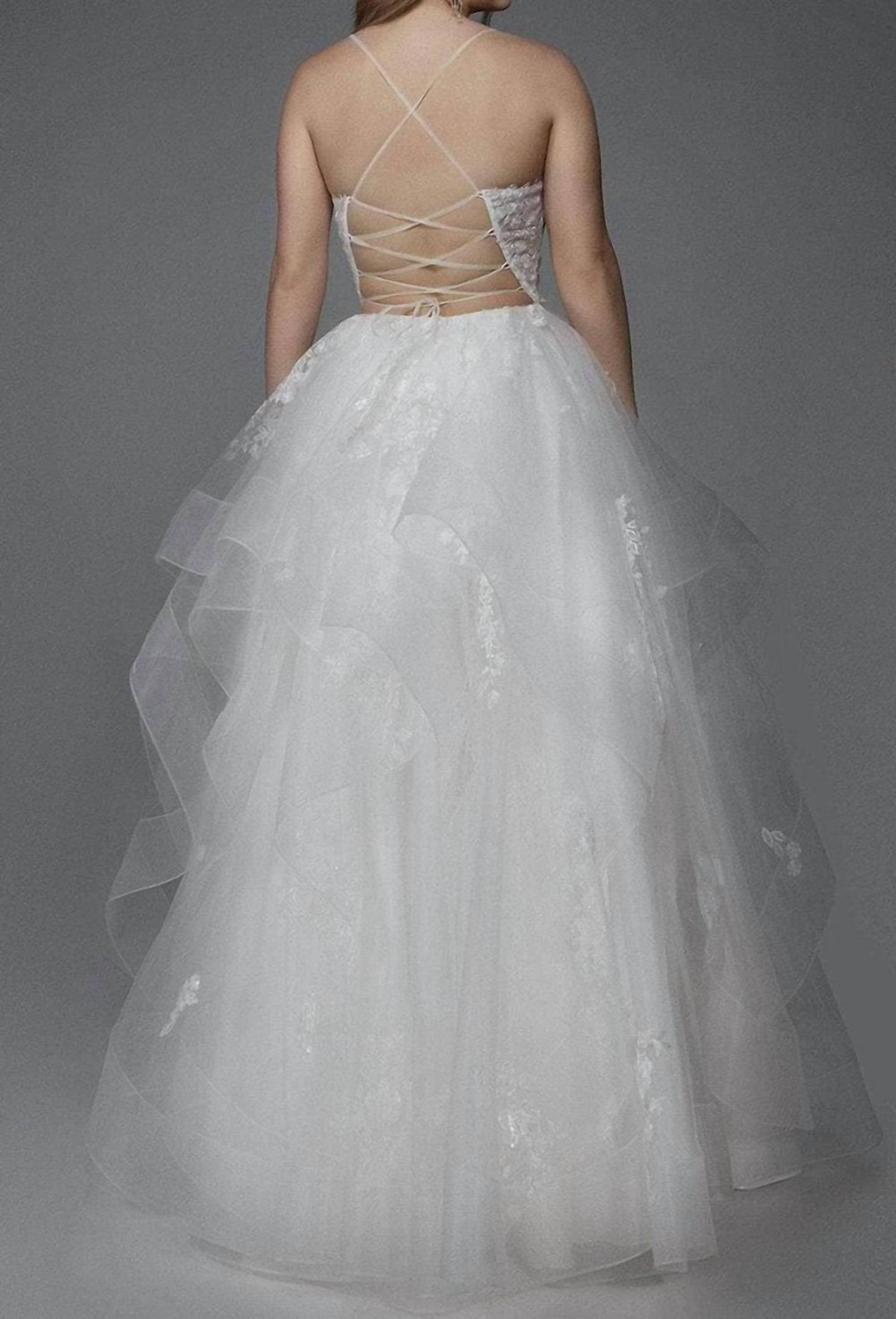 ALYCE PARIS Plunging Floral Applique Ball Gown in diamond white azure blue - women's dress - detail view