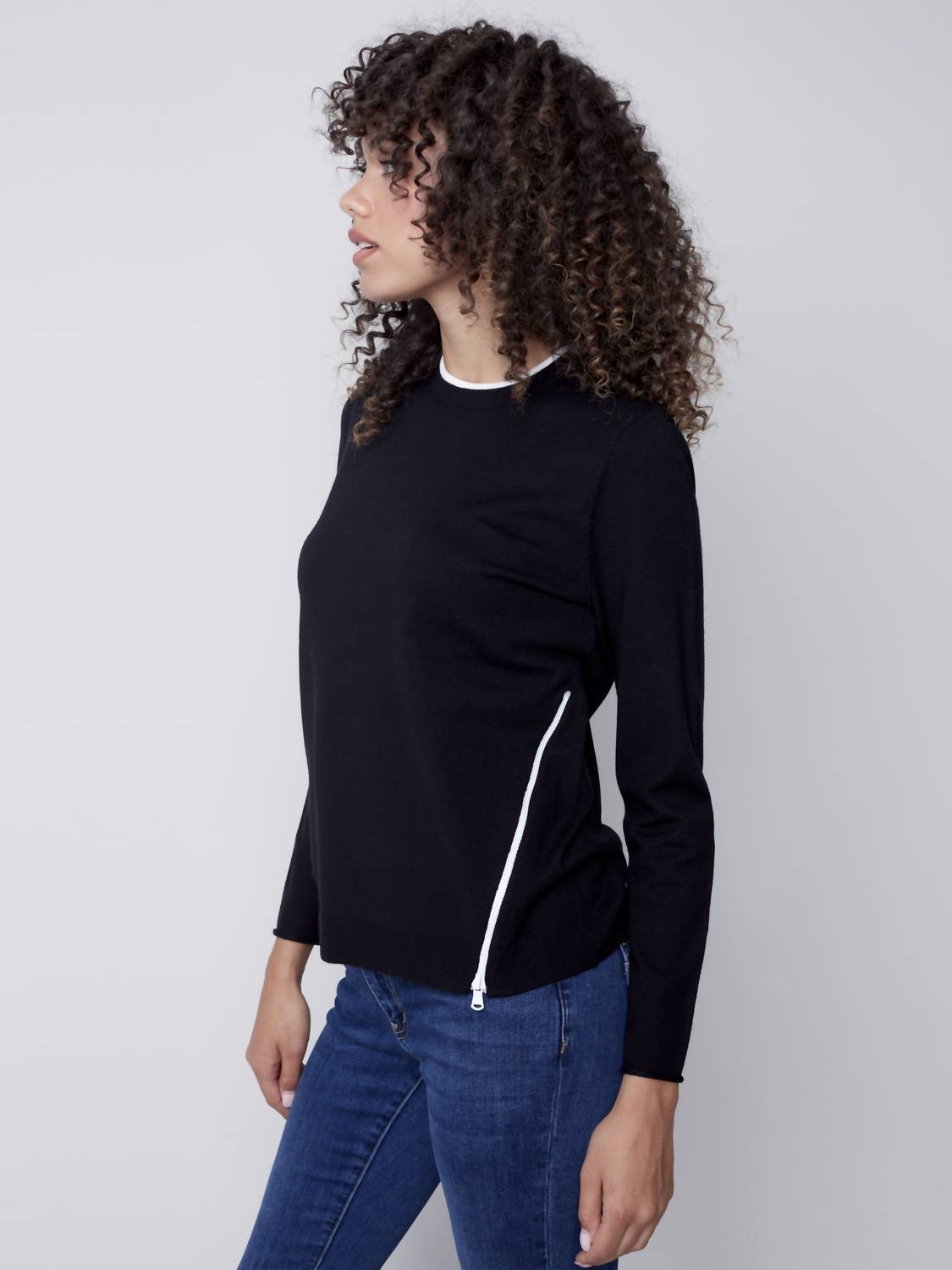 Charlie B - Crew Neck Sweater With Side Diagonal Zipper