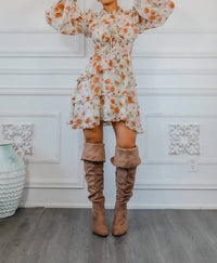 Surelymine - Bubble Sleeves Floral Cutout Laced Mini Dress