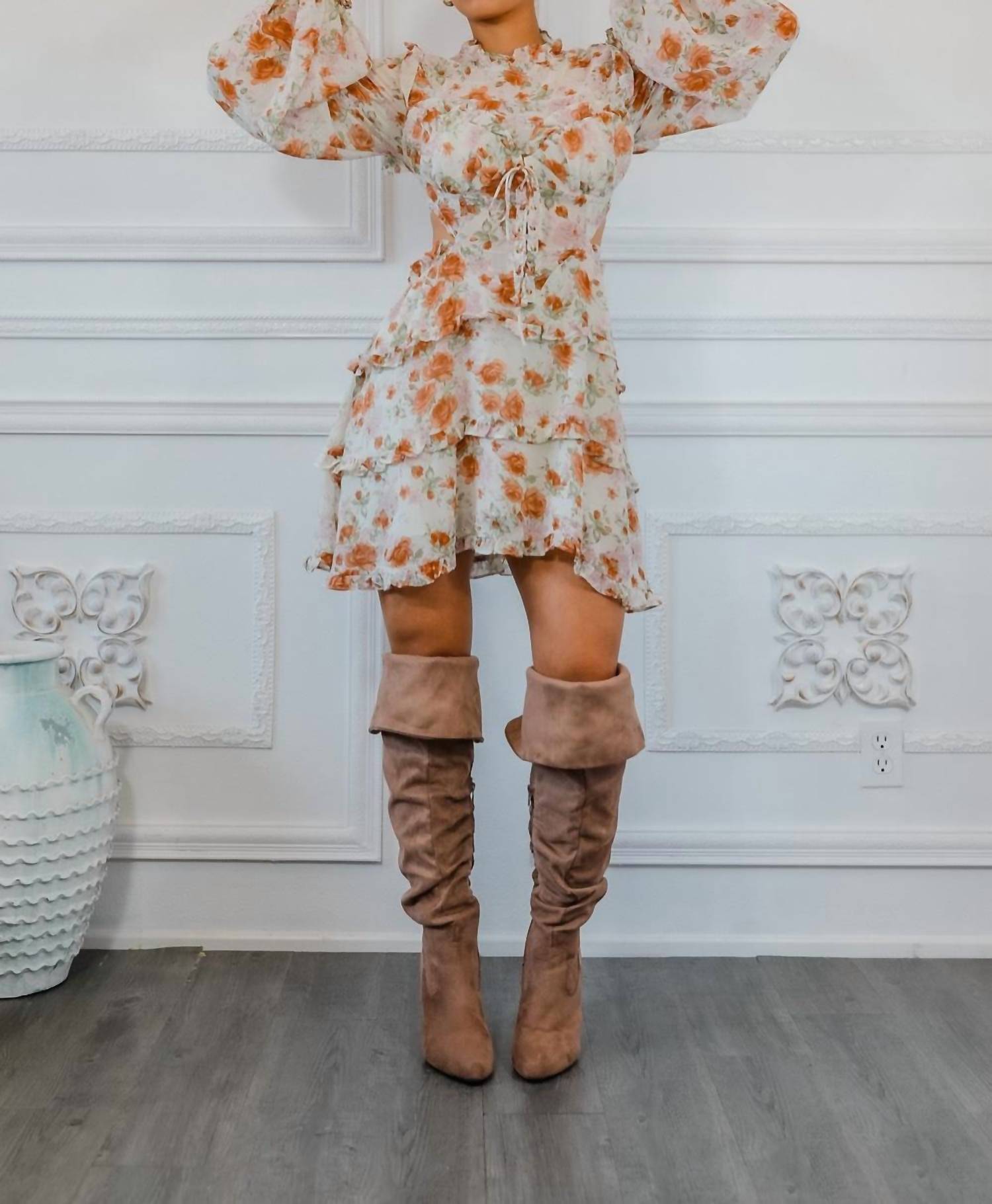 Surelymine - Bubble Sleeves Floral Cutout Laced Mini Dress