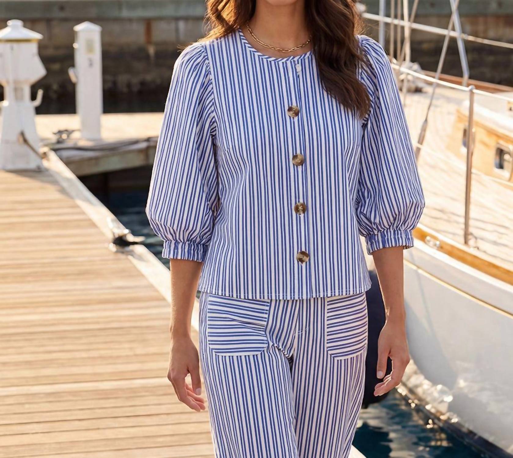 Karen Kane - Stripe Puff Sleeve Button Front Top