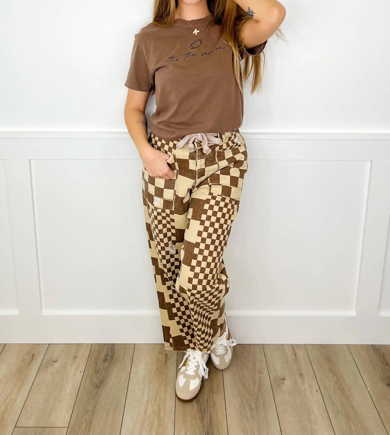 Bibi - Let's Rally High-rise Cotton Wide Leg Checkered Bottoms