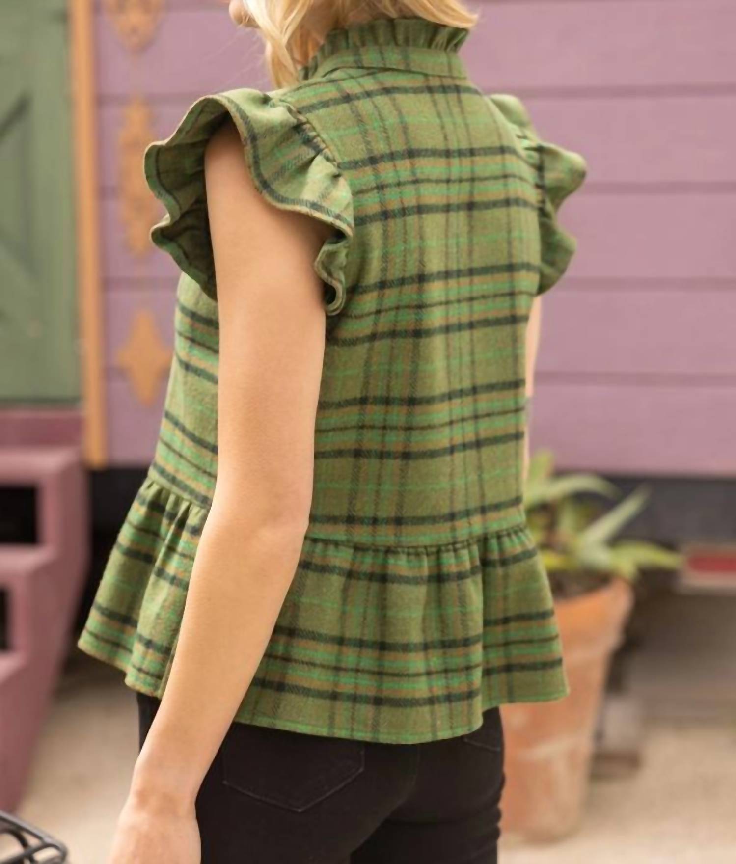 Voy - Multi Color Wavy Trim Detailed Plaid Flannel Top