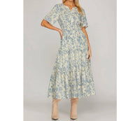 Style USA Woven Floral Print V Neck Tiered Midi Dress in blue - women's dress