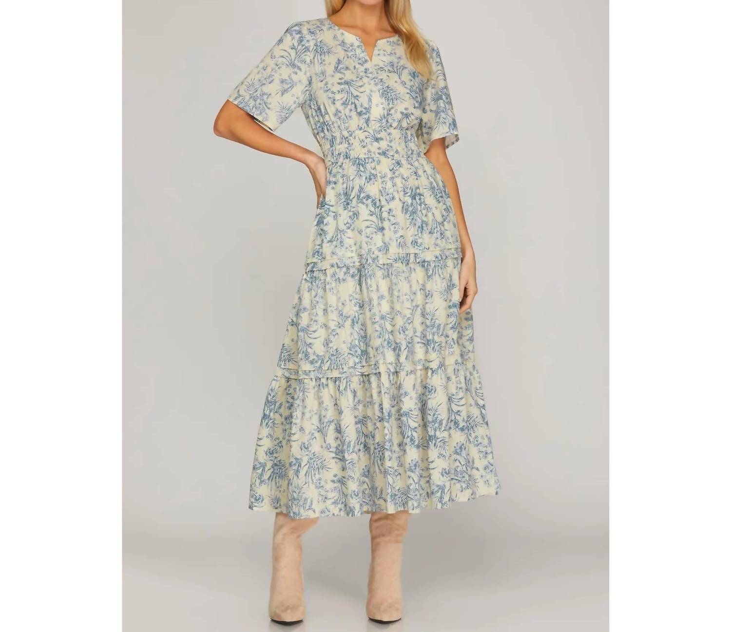 Style USA Woven Floral Print V Neck Tiered Midi Dress in blue - women's dress