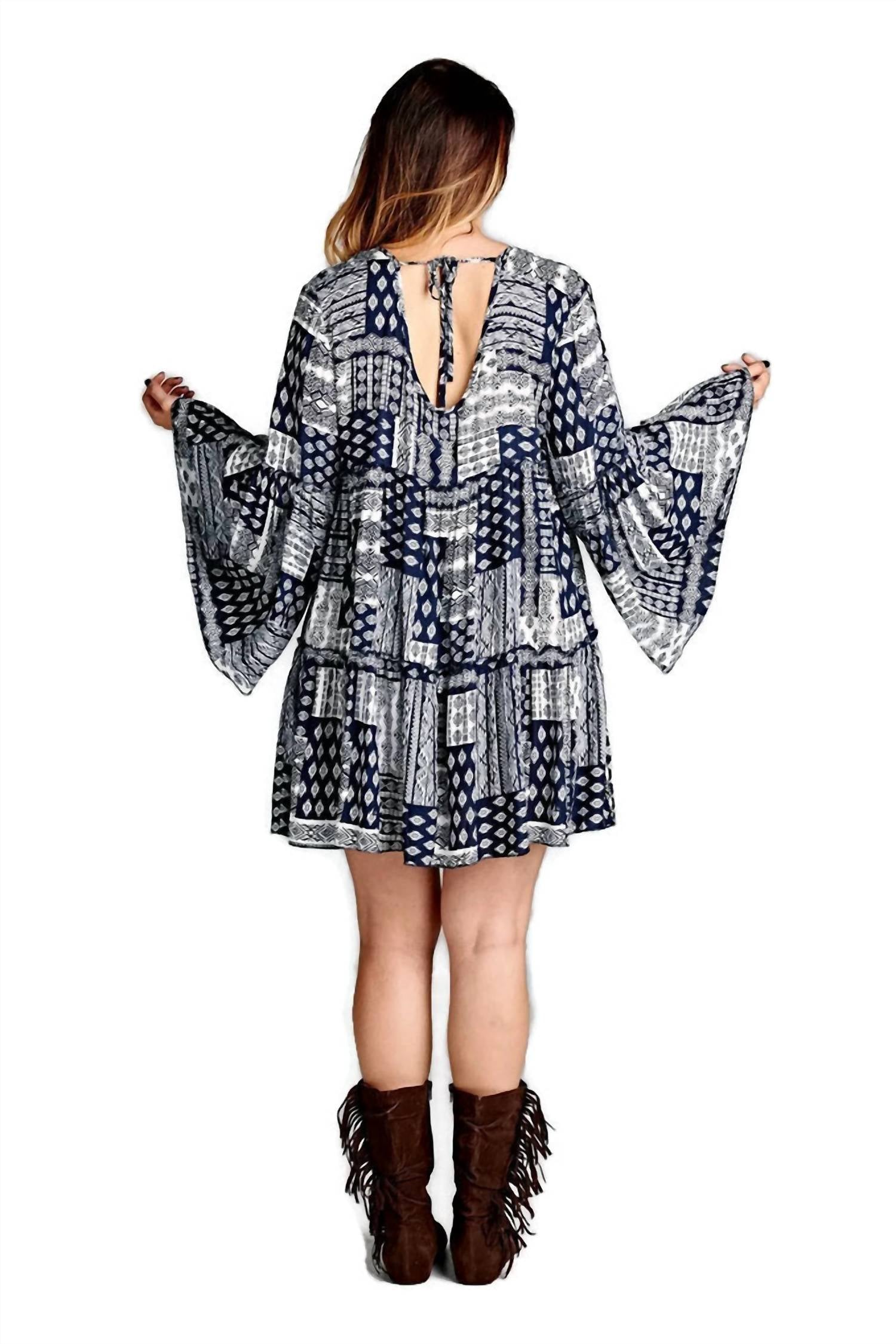 Velzera - Multi-pattern Bell Sleeve Mini Dress