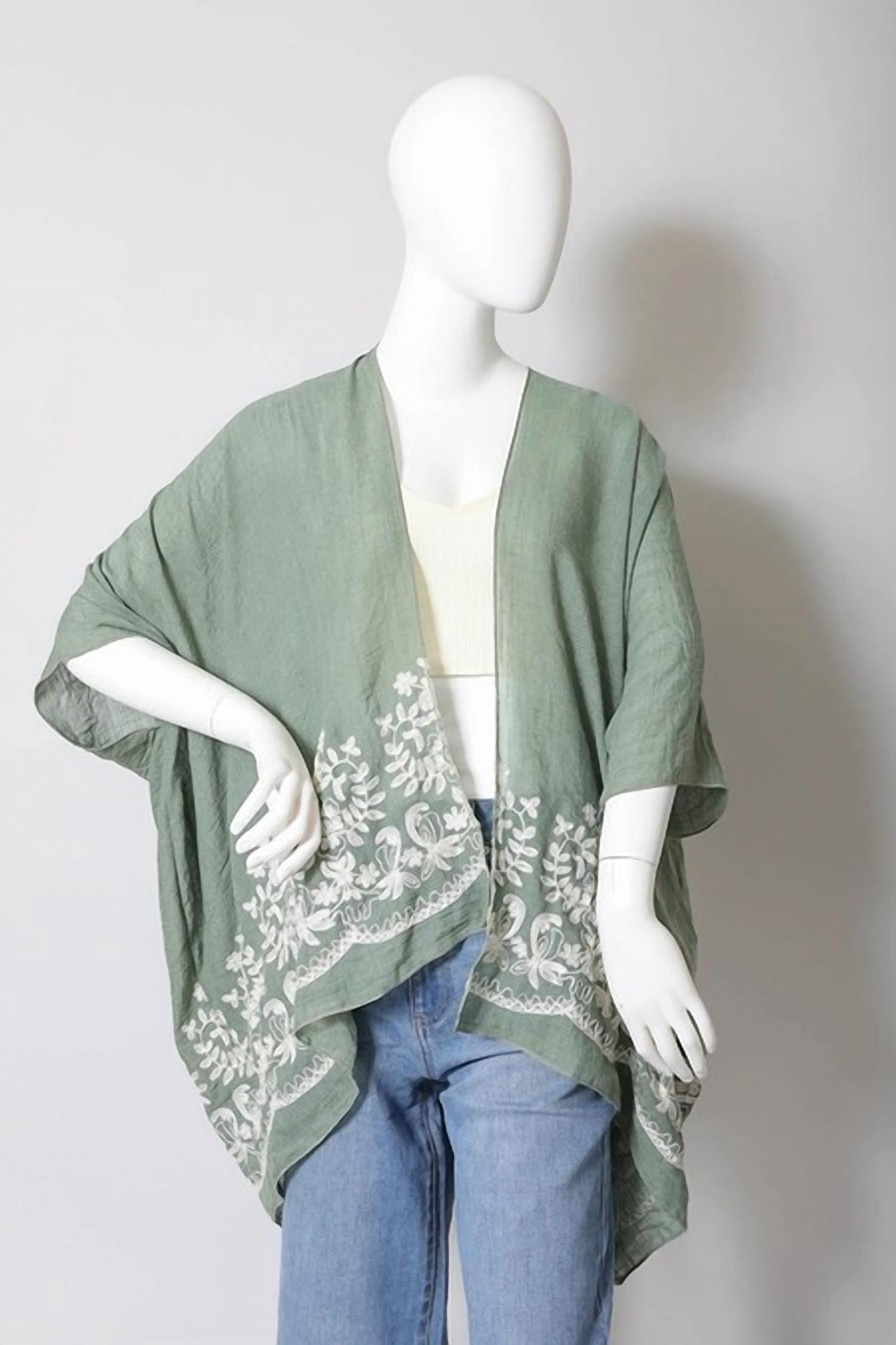 Leto - Women's Lightweight Floral Embroidered Tassels Boho Festival Kimono Wrap