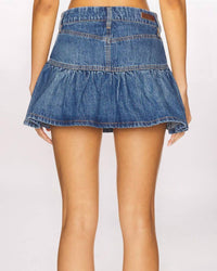 BLANKNYC Ruffle Denim Mini Skirt in rain or shine - women's skirt - detail view