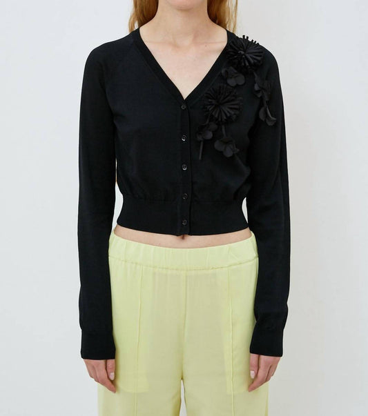 Meimeij - Short Length Cardigan With Fabric Flowers