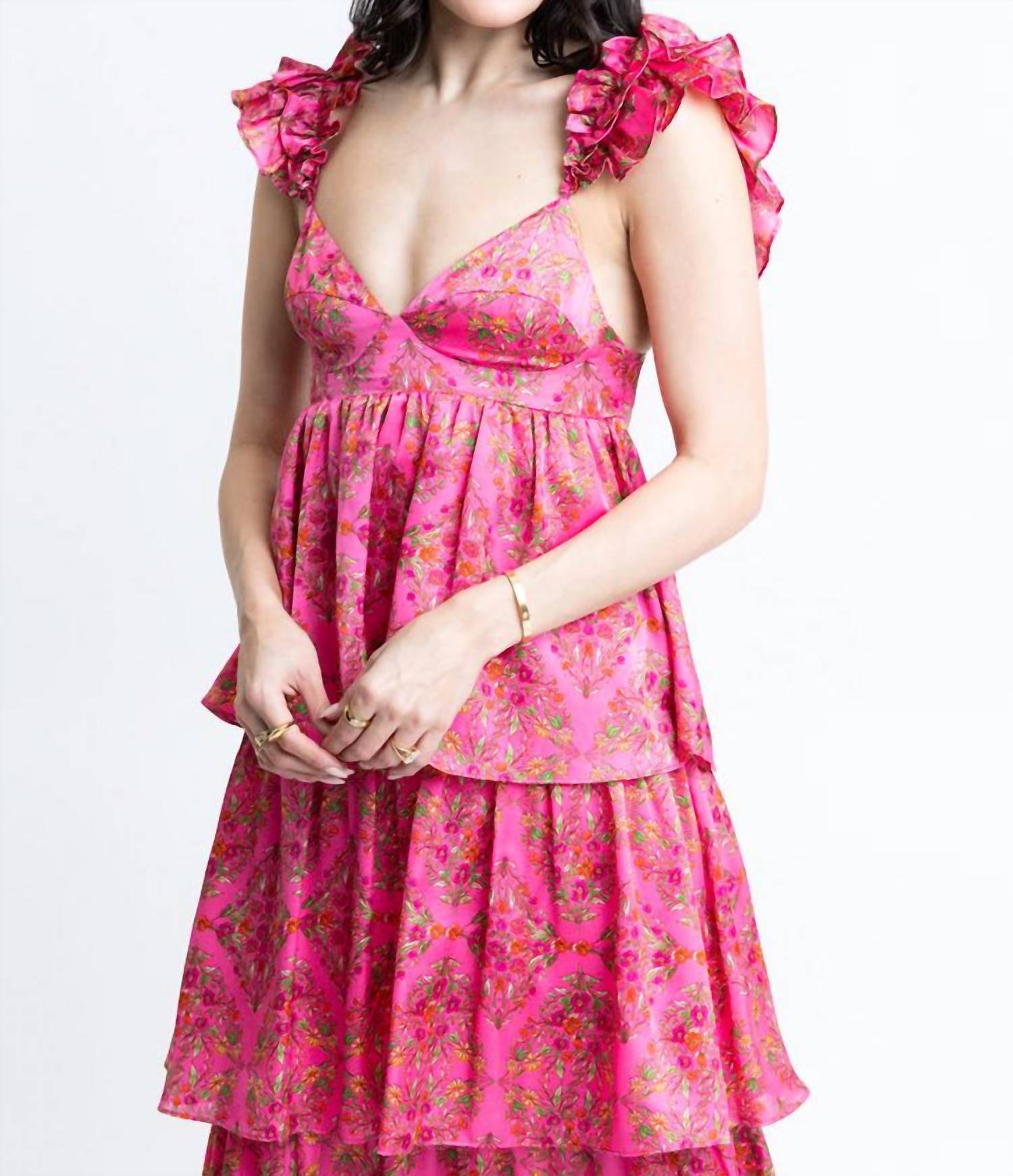Karlie - Floral Satin Ruffle Maxi Dress