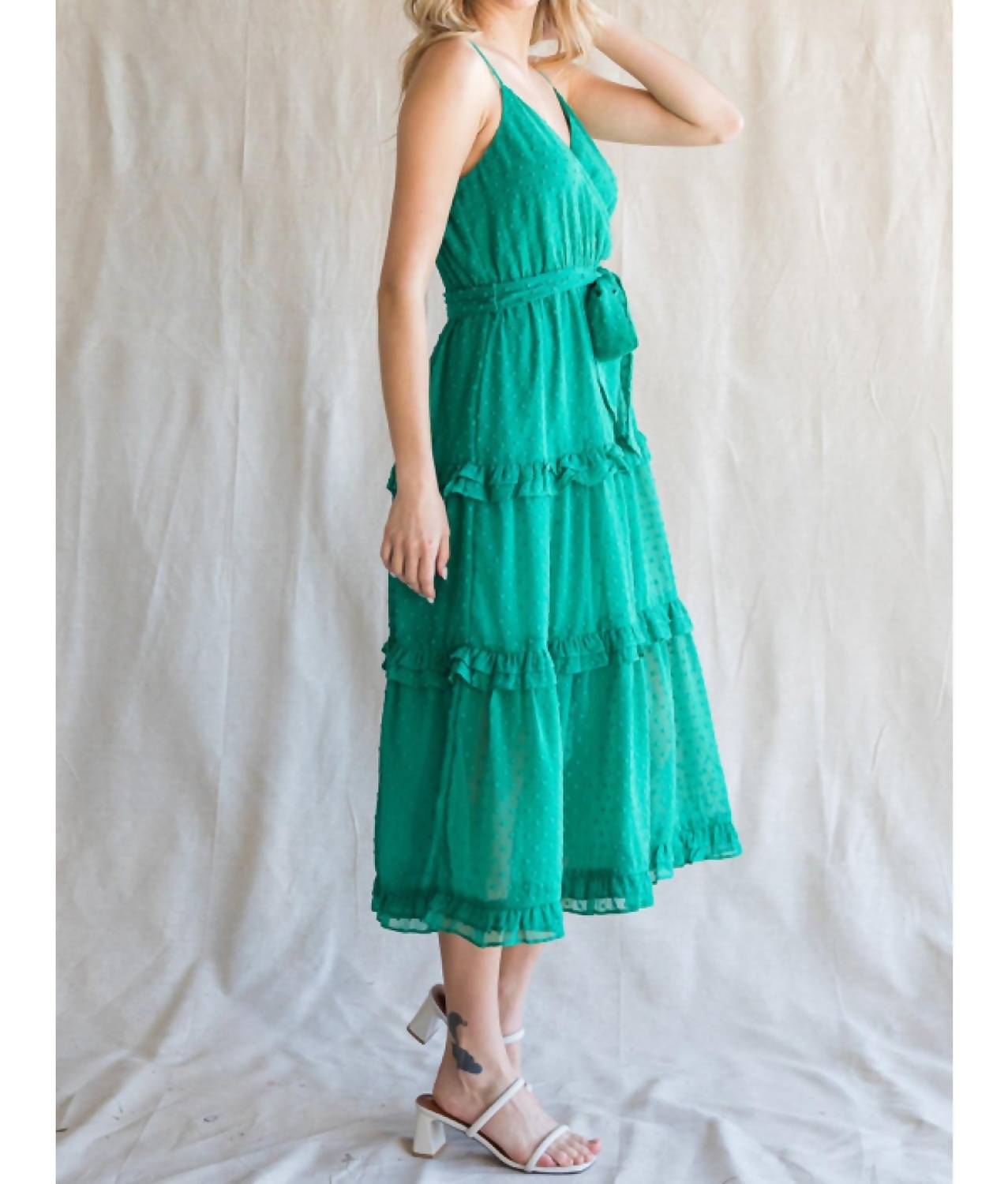 Chiffon Swiss Dot Surplice Midi Dress