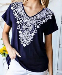 HEIMISH USA Damask V-neck Dolman Top in navy - women's t-shirt