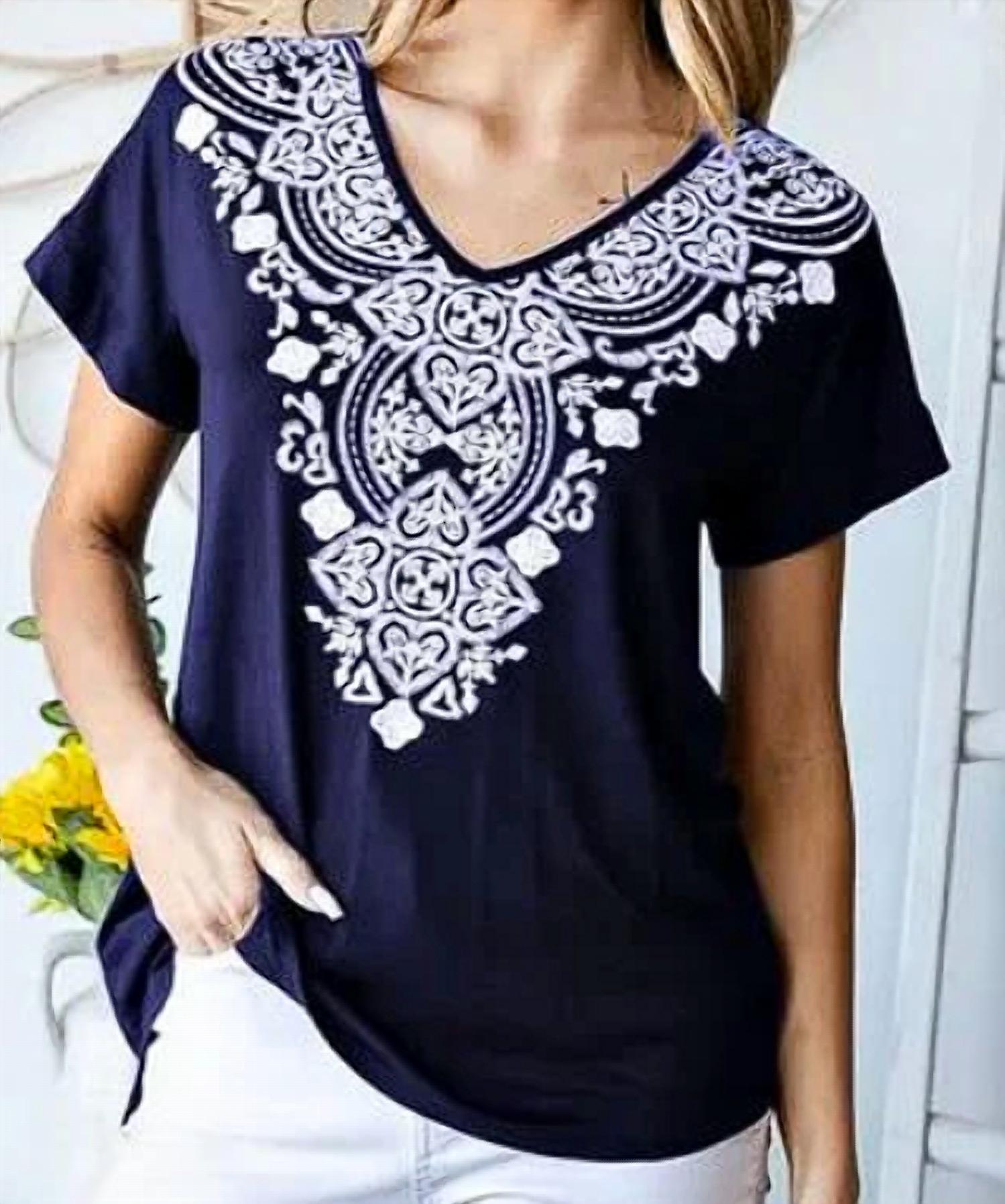HEIMISH USA Damask V-neck Dolman Top in navy - women's t-shirt