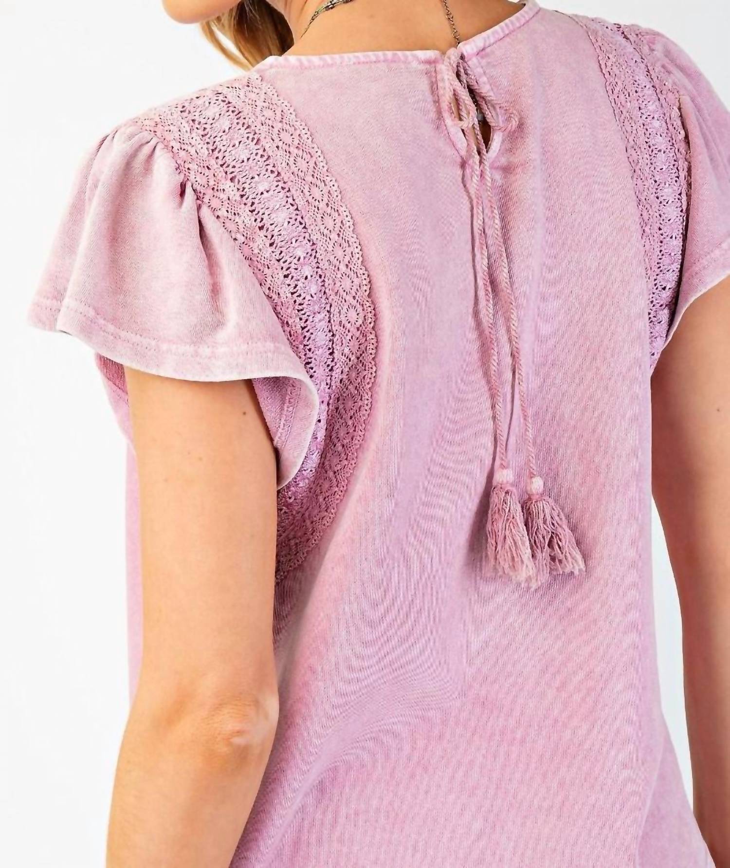 Easel Washed Wing Sleeve Crochet Trim Top - women's blouse - detail view