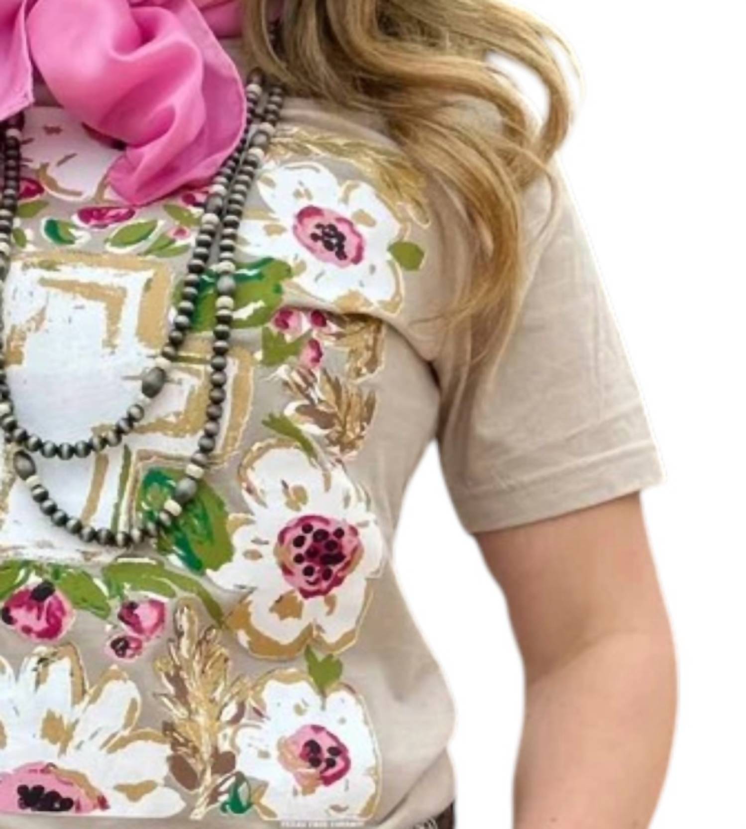 Texas True Threads Floral Cross Tee in gold - women's t-shirt - detail view